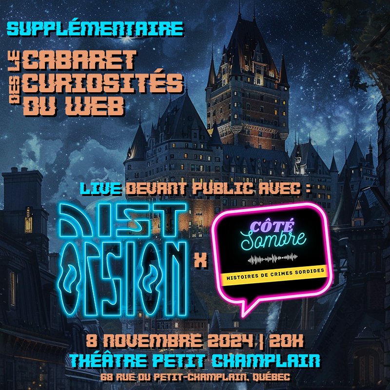 QUÉBEC, ON REVIENT VOUS VOIR avec Côté Sombre!! Nous serons de retour avec un nouveau Cabaret des curiosités du Web le 8 novembre prochain!
📷Les billets seront en vente CE VENDREDI 4 OCT à compter de 9H AM ici: reseau.ovation.ca/pesite.asp?Cod…