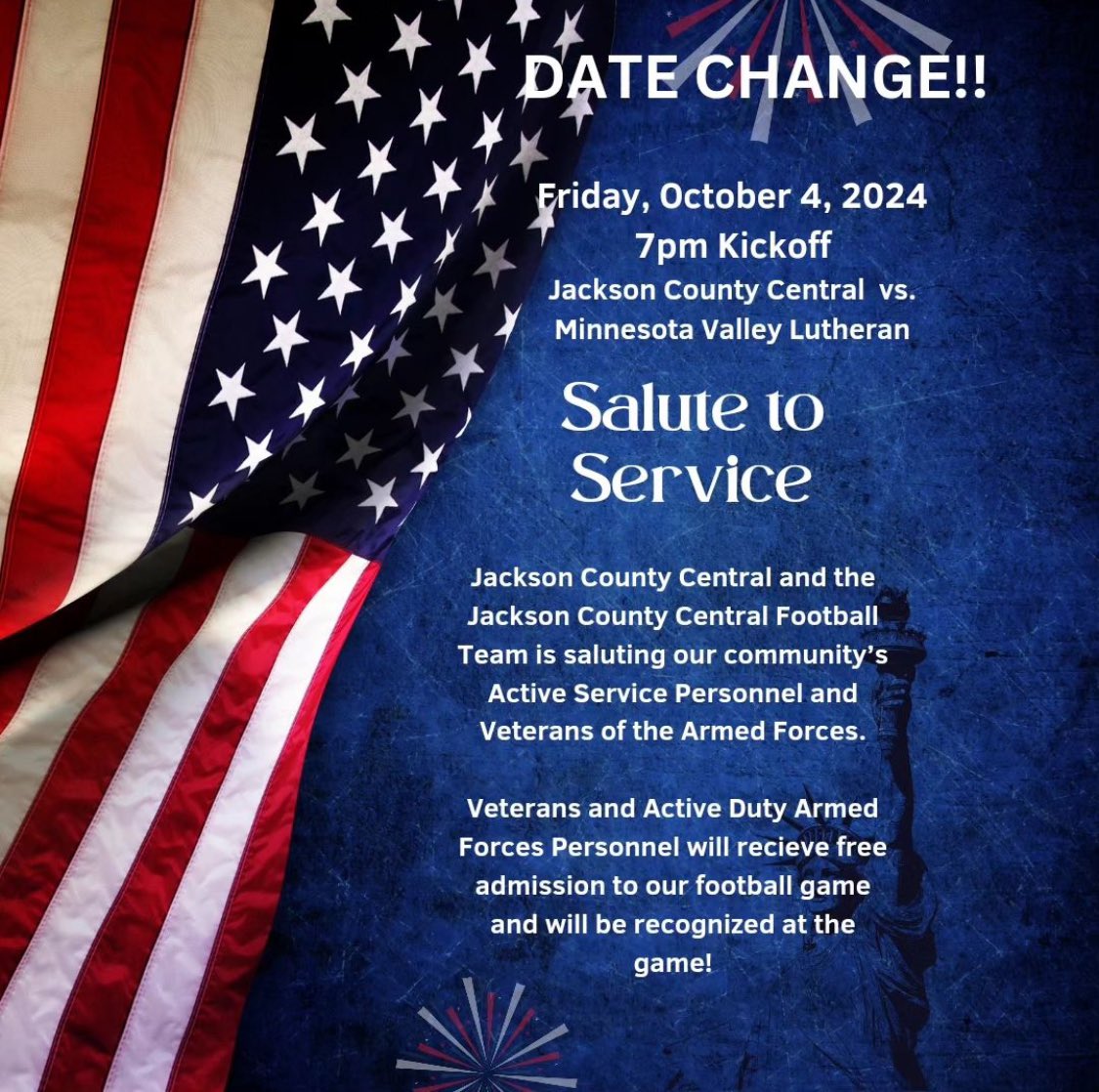Please come out and join us Friday night  for the game at Swearingen Field as we honor Active Duty Service Members and Veterans prior to the game against MVL.