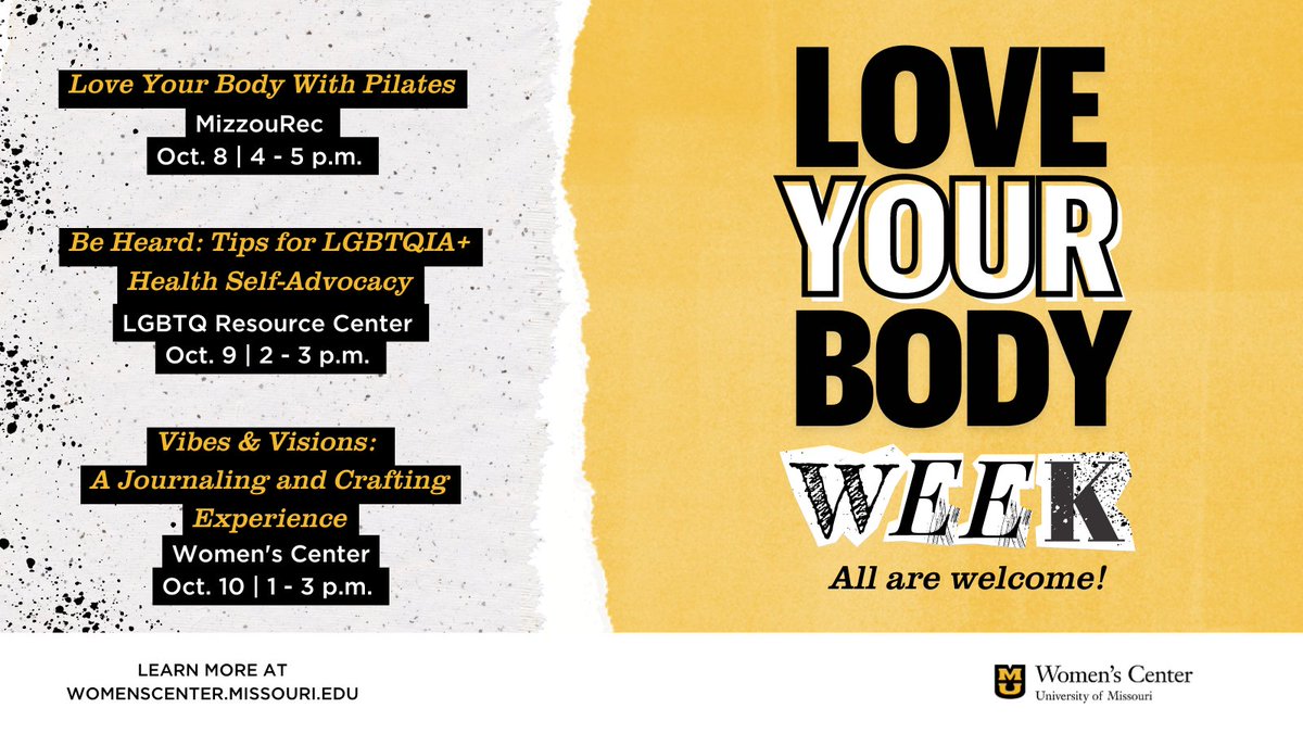 Love Your Body Week starts Tuesday, and our calendar is set! Join us from Oct. 8 to Oct. 12 for lots of fun. Register on MU Engage: engage.missouri.edu/feeds?type=clu…