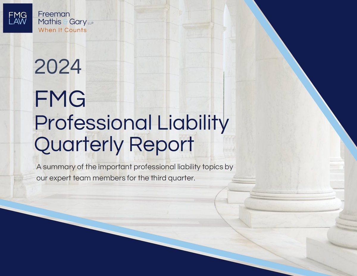 FMGLaw's tweet image. Check out our 2024 third quarter summary of Professional Liability trending topics that we have assembled into a handy report! 
Link to full report: fmglaw.com/wp-content/upl…
#ProfessionalLiability #ProfessionalLiabilityLaw #ErrorsandOmissions #FMGLaw #FMG #legalblogs
