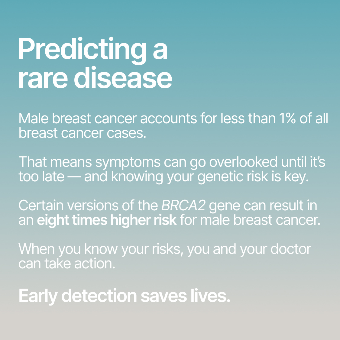 nucleusgenomics's tweet photo. Male breast cancer is rare but real — about 1 in 100 breast cancer cases happen in men. How do you know if you or your family is at risk?

💭  Don't ignore changes in your chest. Look for dimpling, tenderness, and changes around the nipples.
🏃 Stay active and eat right. Alcohol, hormone imbalances, and obesity are linked to cancer.
🧬 Know your genetic risk. Just like in women, certain versions of the BRCA1 and BRCA2 genes can substantially increase your risk.

#BreastCancerAwareness #MaleBreastCancer #KnowTheSigns