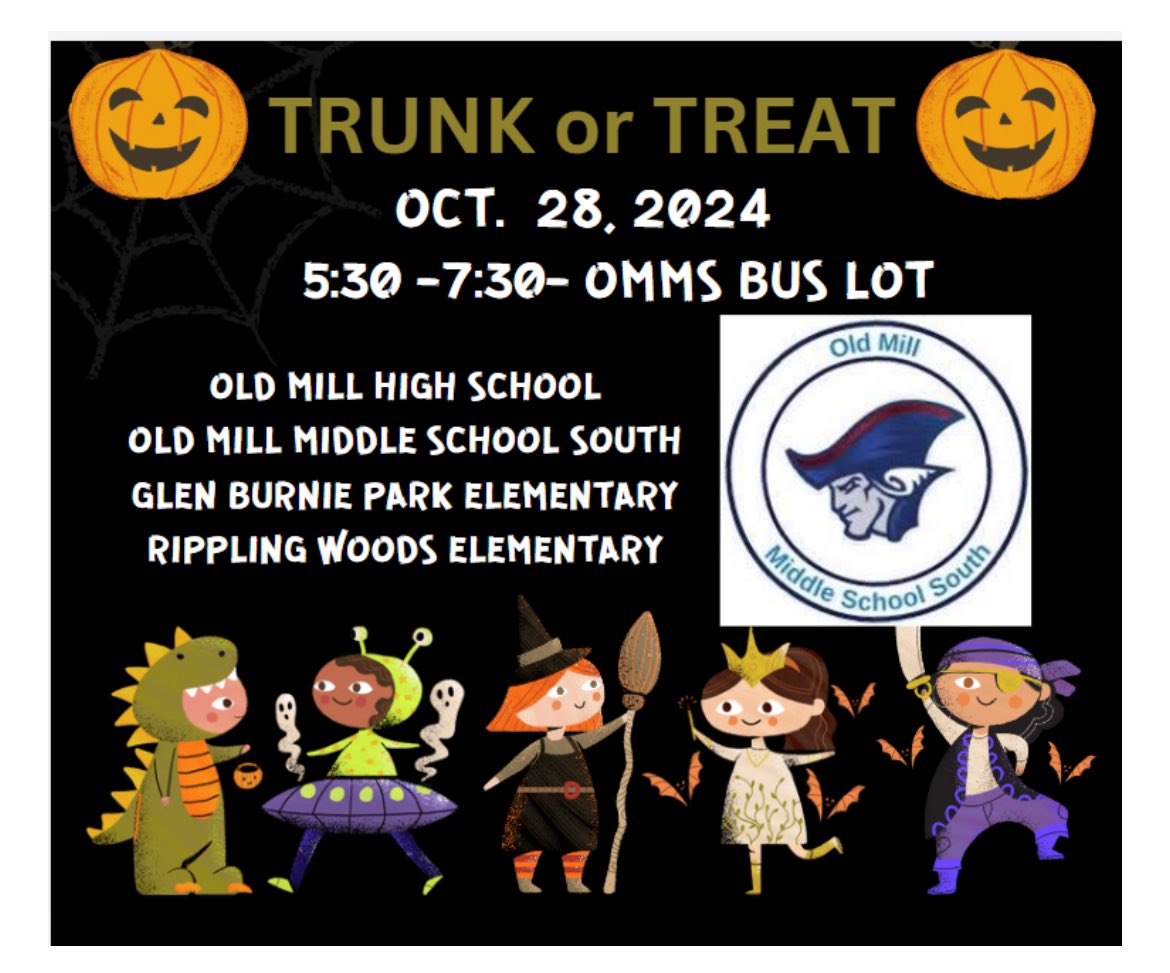 Attention: OMMS, OMHS, Glen Burnie Park Elementary, and Rippling Woods Elementary families! Come join us for our Trunk or Treat event! 🎃🧡🖤🍬🍫 #OMMS #BelongGrowSucceed