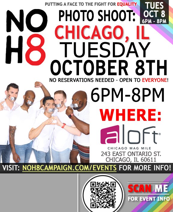 NOH8Campaign's tweet photo. Join us and spread the word! 📣 #NOH8 photo shoot in #Chicago, IL on Tuesday, October 8th: https://t.co/qLasd9OKtP https://t.co/o2luFvWFaP