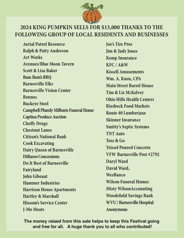 A massive thank you to all the local residents and businesses who came together to support purchasing the 2024 King Pumpkin! 🧡