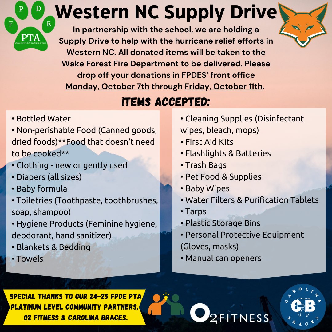 Forest Pines Drive PTA (@forestpinespta) on Twitter photo Next week from Monday October 7th to Friday October 11th we will be accepting donations for Western North Carolina in the office; all items donated will go to the Wake Forest Fire Department.
<a href="/FPDES/">Forest Pines Drive</a> Next week from Monday October 7th to Friday October 11th we will be accepting donations for Western North Carolina in the office; all items donated will go to the Wake Forest Fire Department.
<a href="/FPDES/">Forest Pines Drive</a>