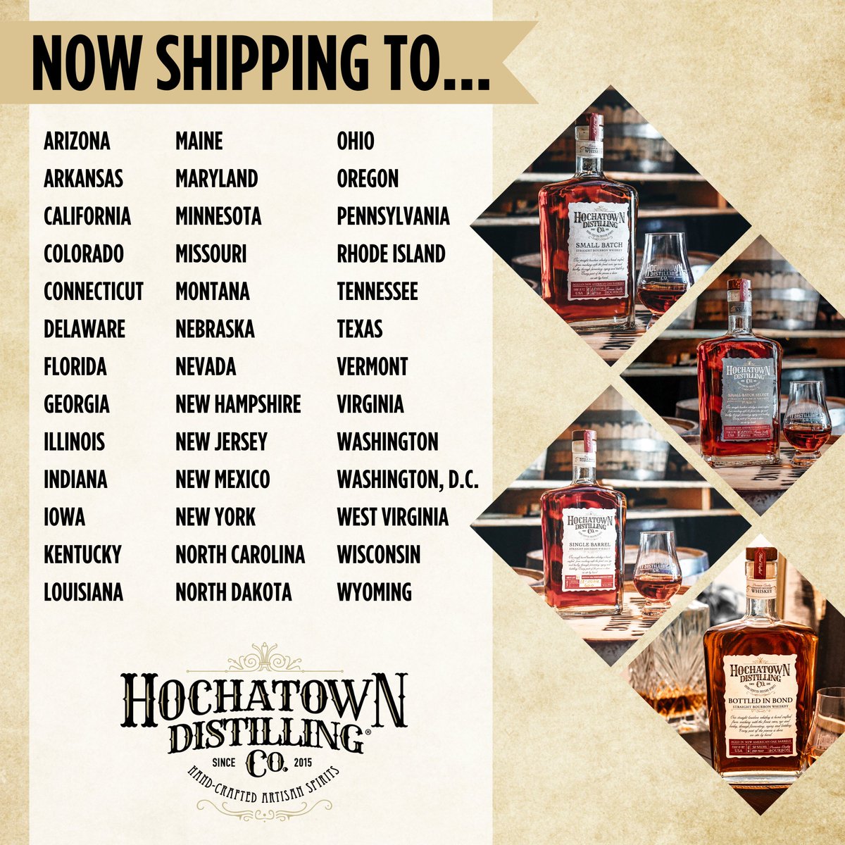HochatownDist's tweet photo. The time has finally come! Your favorite bourbons are now available across the U.S., shipping direct to 41 states! Order Hochatown Distilling's Small Batch, Small Batch Select, Single Barrel and Bottled in Bond and have them delivered straight to your door.

#hochatowndistilling https://t.co/dQbtQEUcU2