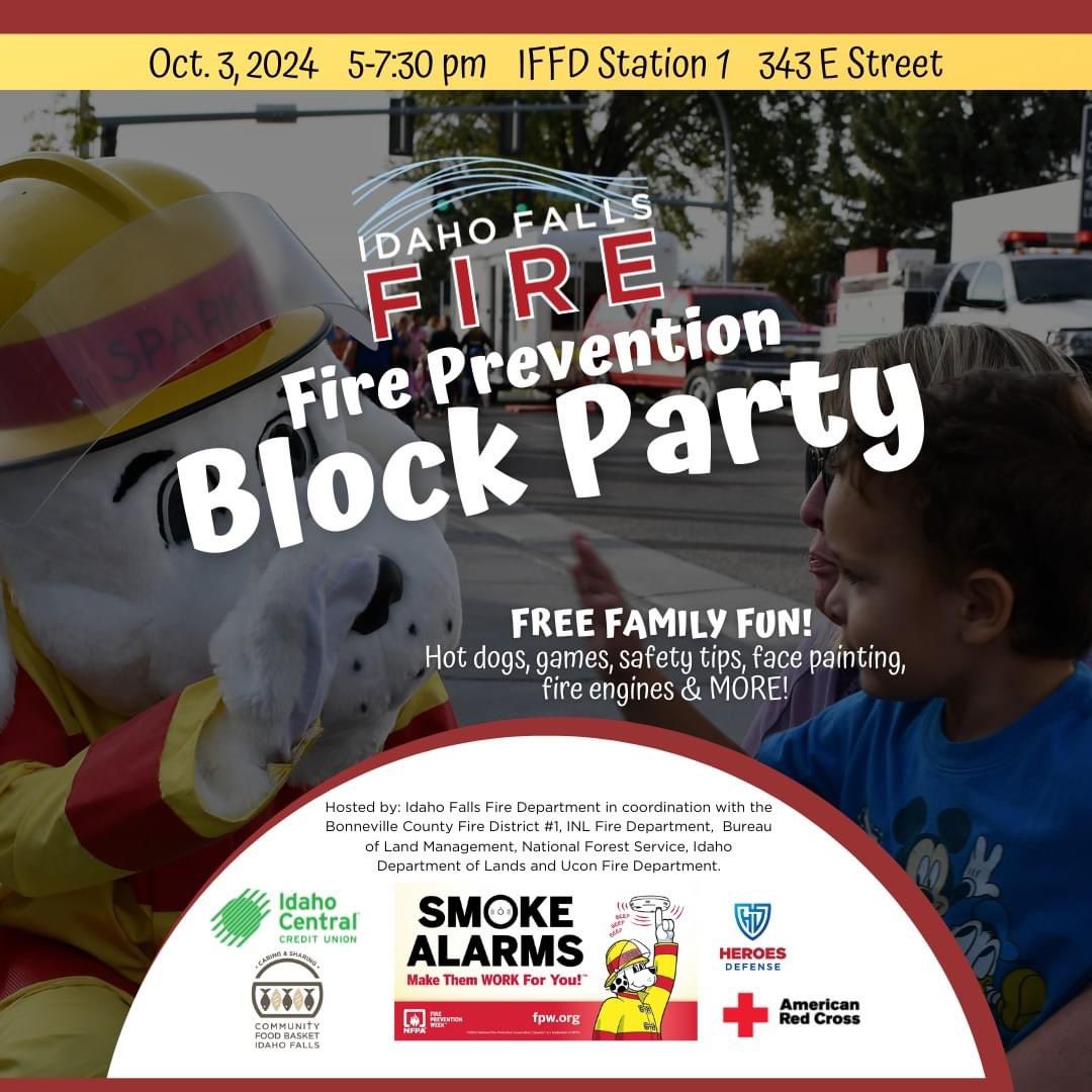The Idaho Falls Fire Department Fire Prevention Block Party is TONIGHT. 

Join our community partners and us for an evening of FREE family fun, including hotdogs, games, safety tips, face painting and of course, fire engines. 

#IdahoFallsFire #FirePreventionWeek