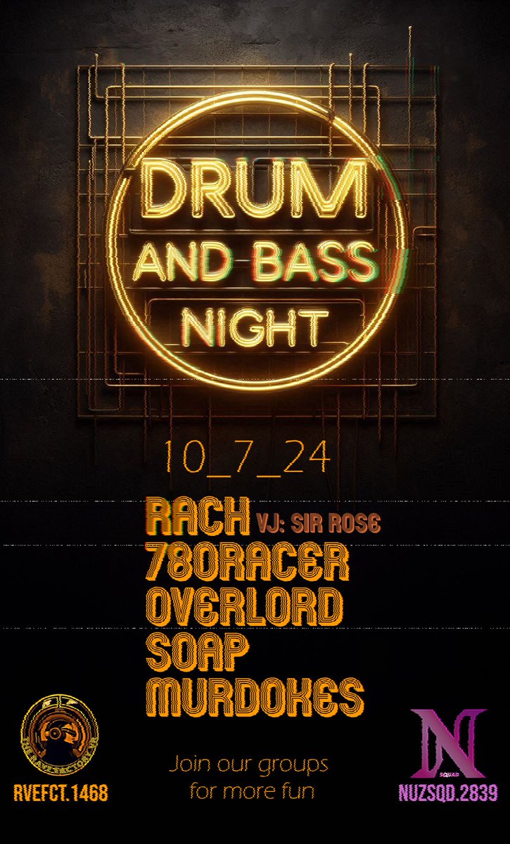 Join The Rave Factory, and <a href="/NuzzleSquadVRC/">Nuzzle</a> this coming Monday for our monthly DNB MONDAY! 
Stacked lineup

<a href="/rachvrc/">rach</a> VJ <a href="/SirRoseVR/">sir rose</a> 

@780racer

@OverlordVRC

<a href="/10soap10/">Soap</a>

<a href="/Murdokes1/">DJMurdokes</a>

discord.gg/RAVEFACTORYVR

Join the group to join event!

vrc.group/RVEFCT.1468

#VRChat #VRRave #VR