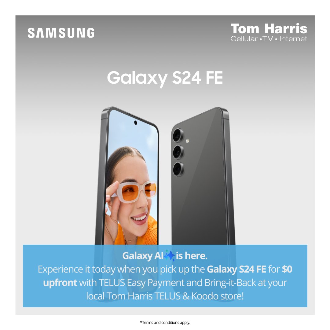 Meet the Galaxy S24 FE with Galaxy AI. Immerse yourself in the full Galaxy AI experience and unlock countless ways to explore your imagination. Discover it at your local Tom Harris TELUS &amp; Koodo store today!

tomharris.com/locations/

#Samsung #GalaxyS24FE #TomHarris