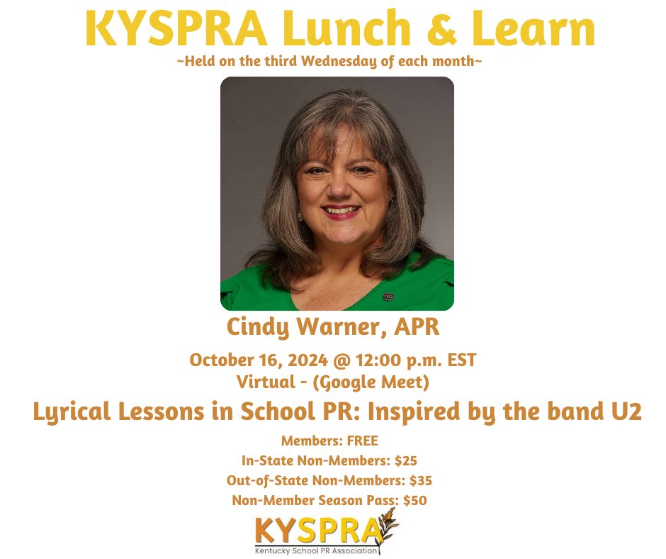 Join us for the October 2024 KYSPRA Lunch &amp; Learn on Oct. 16 @ 12 PM EST! <a href="/Cindyjowarner/">Cindy Jo Warner, APR</a> will present, “Lyrical Lessons in School PR: Inspired by the band U2”! 🆓 with membership! @ 
 
REGISTRATION🔗: forms.gle/v2ELBZ771W7oHG…  

#KYSPRA
#KYSPRALunchandLearns