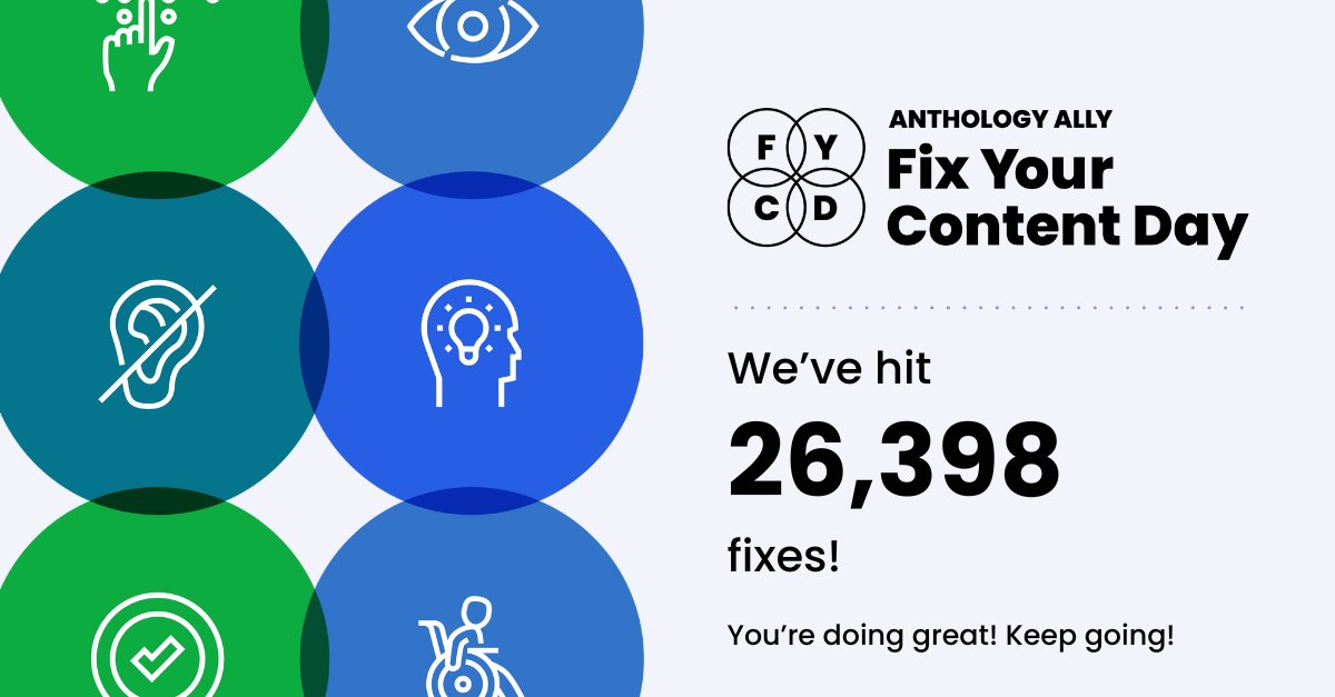 AnthologyInc's tweet image. You are rocking it! The Fix Your Content Day Leaderboard is reporting we have surpassed 26,398 content fixes. We couldn’t be more excited to see the progress everyone is making! Check out the live leaderboard here: ow.ly/VilZ50TCGC2

#FYCD24 #FixYourContent #Accessibility
