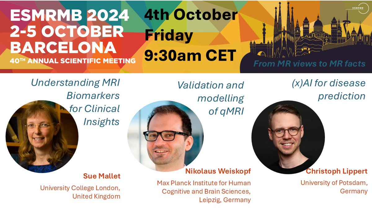 #ESMRMB2024 Day 1️⃣ might be over...

...but we still have 2️⃣ more days of exciting MR research! 🎉

Tomorrow @ 9.30am CET:
🟨 From MR views to MR facts
📺 Access live stream here:
us06web.zoom.us/meeting/regist…

#mri #plenary #qmri #biomarkers #AI