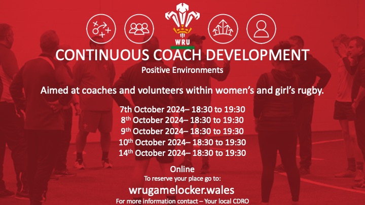 ClarkeWRUEdu's tweet image. Are you coaching within the female game? 

Why not join one of the sessions below and talk about creating positive environments.

Visit the WRU Game locker to book a place.

#CPD #womensrugby #clubdevelopment #positive