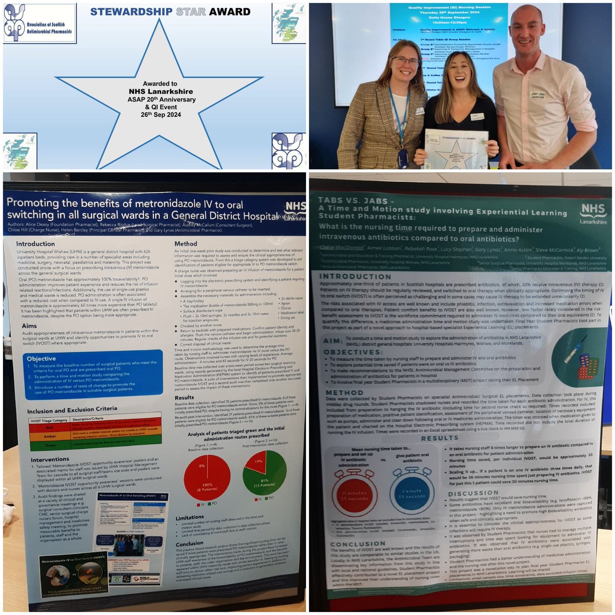 AntibioticScot's tweet photo. Well deserved #ASAP ⭐ award for #team @NHSLanarkshire Fabulous posters of #metronidazole #QI scale and spread and time in motion study of #IVOST benefits
#PreventingAMRtogether
#AntibioticGuardian

@SAPGAbx @NHSLPharmacy https://t.co/tAcwgo2csd