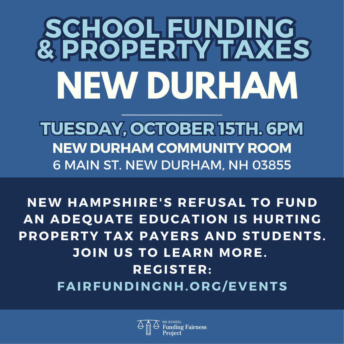 fairfundingnh's tweet image. We're headed to New Durham! Join us Oct 15 at the New Durham Community Room for a discussion about how the State's failure to adequately fund education hurts students and local property tax payers around NH.
Find more details and register at fairfundingnh.org/events/