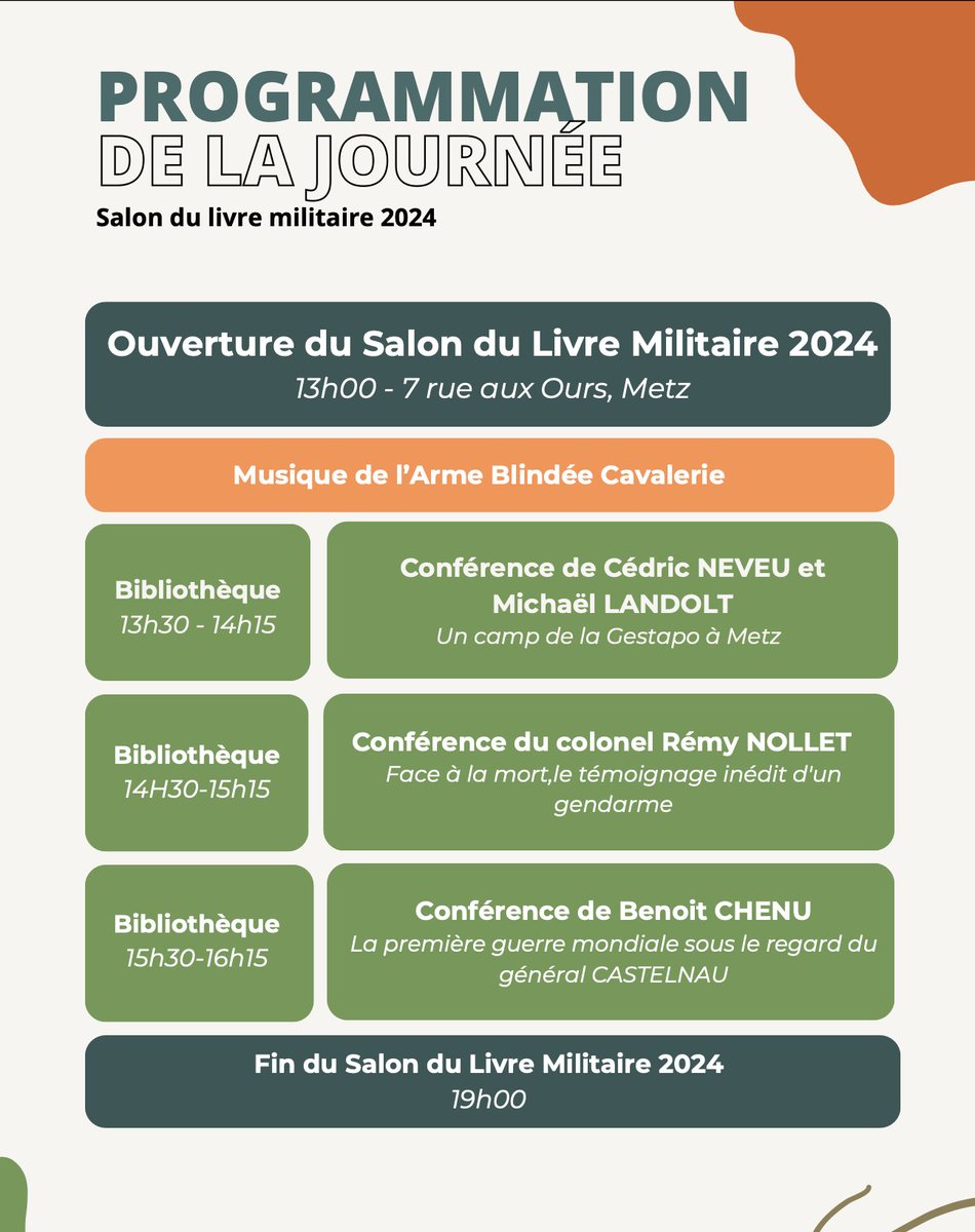 📅 Salon du livre militaire de Metz 
🎙️📖✍️ j'y donnerai une conférence + dédicace de #FaceALaMort !
 RDV samedi 12 octobre à Metz à 14h30

Salon ouvert de 13 h à 19h avec plein d'auteurs sympas dont le chef de corps du <a href="/61eRegART/">61e régiment d’artillerie</a>
(<a href="/LaHauteMarne/">Département de la Haute-Marne</a> en force 🦾)
