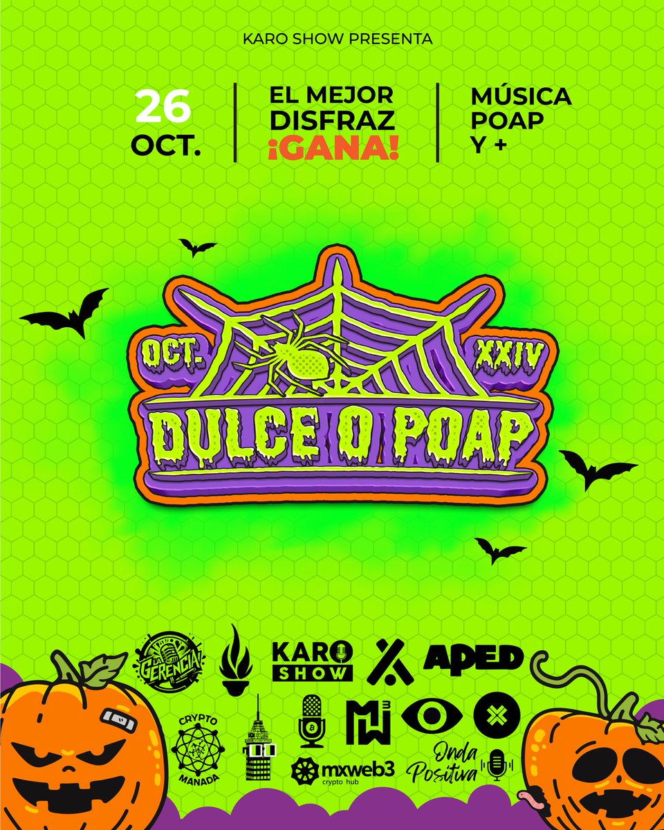 ¡No se pueden perder la actividad de Halloween! ¡DULCE O POAP! 🎃

¡El mejor disfraz gana! ¿Que gana? Ay yo no se, te tica esperara hasta la semana del evento donde los premios serán revelados.

¿Cuando? 26 de oct. ¿Hora? 1:30pm MX | 3:30pm AST | 4:30pm ARG | 9:30pm CEST