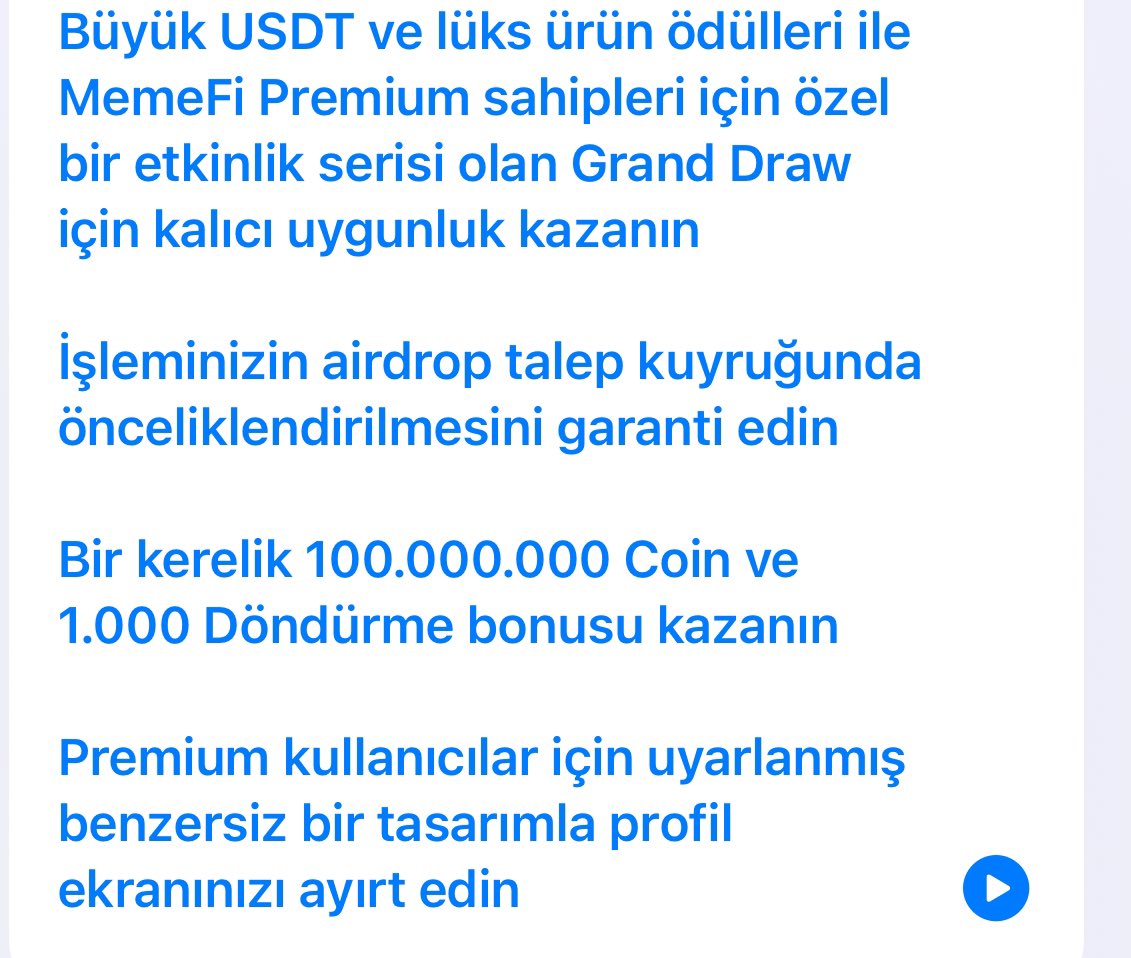 airdropkonseyi's tweet photo. #memefipreium 
Memefi premium incelemek için alım yaptım. Büyük lambo çekilişine katılabiliyorsunuz. Dubai ödülü de var. Geri kalan avantajlar da aşağıdaki gibi. Bunların dışında etkinlik için fazladan bilet alımı yapabilirsiniz. Tabi o da satın alımla oluyor. Listelenme beklerken bir şeyler satma işini abarttı Memefi. Premiumun çok bi olayı yok gibi.