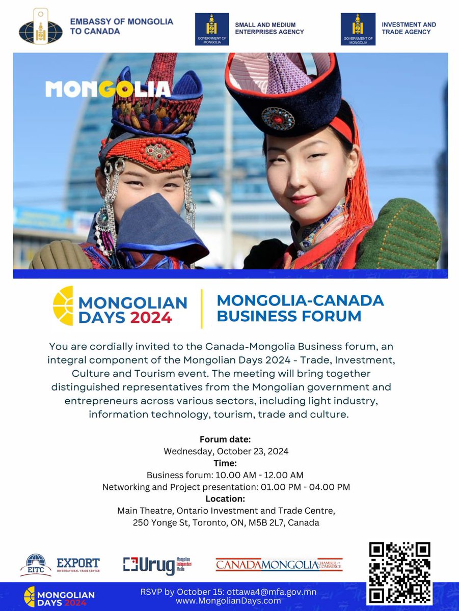 CanMonChamber's tweet photo. Join us at the Canada-Mongolia Business Forum on Oct 23 in Toronto!

Network with Mongolian officials, entrepreneurs, &amp; explore opportunities in IT, tourism, trade, culture, and more! 

#MongoliaDays2024 #CanadaMongolia #BusinessForum #TorontoEvents https://t.co/oV9SREKNxi