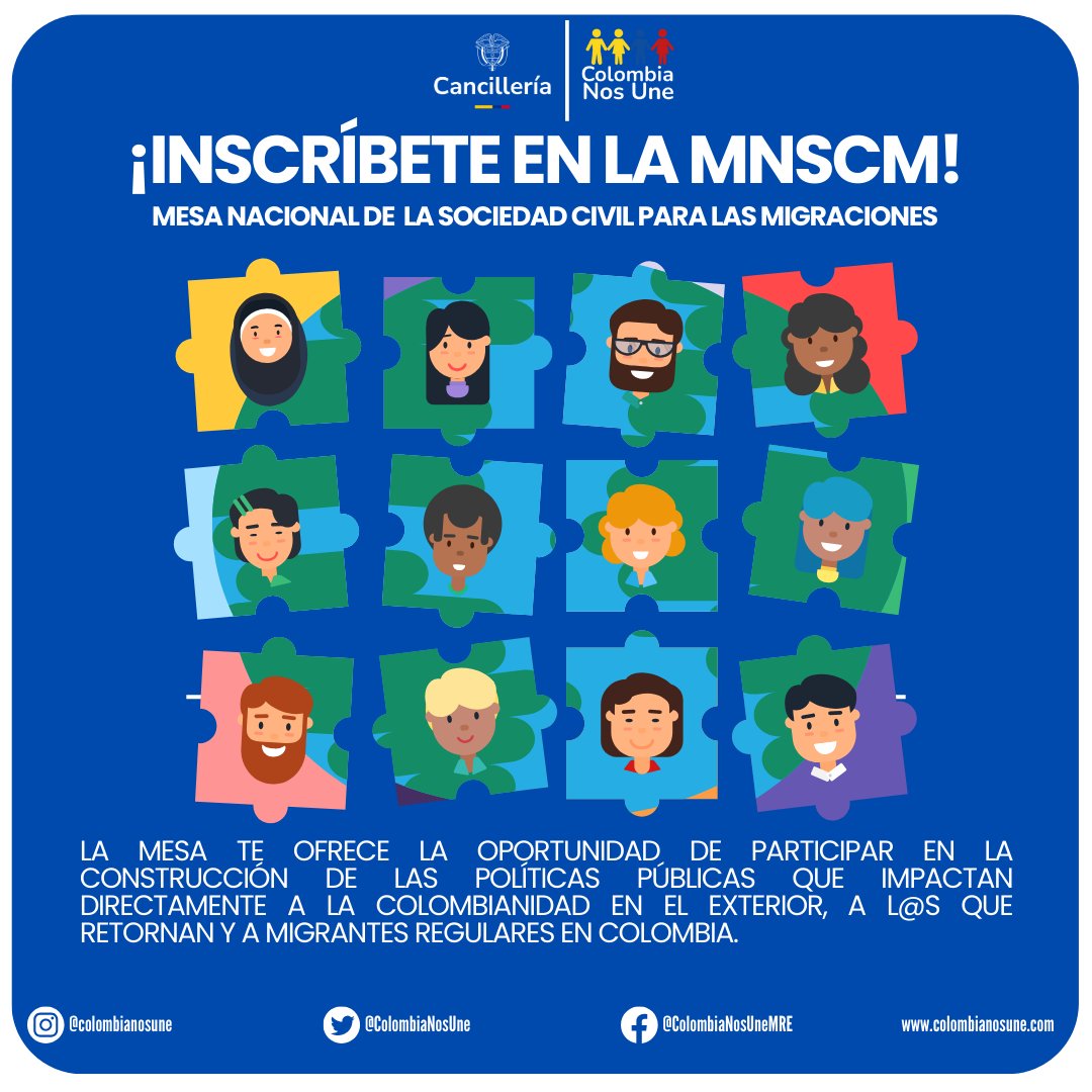 ColombiaNosUne's tweet photo. Si eres colombiano en el exterior, migrante regular o retornado, inscríbete en la Mesa Nacional de la Sociedad Civil para las Migraciones:
👉Escanea el código QR o ingresa aquí:
🔗https://t.co/MjOMfvYlQU
Mas info: https://t.co/PjxD5qVHhm
#Inscripción #MNSCM #Retornados https://t.co/BprAThk8Js