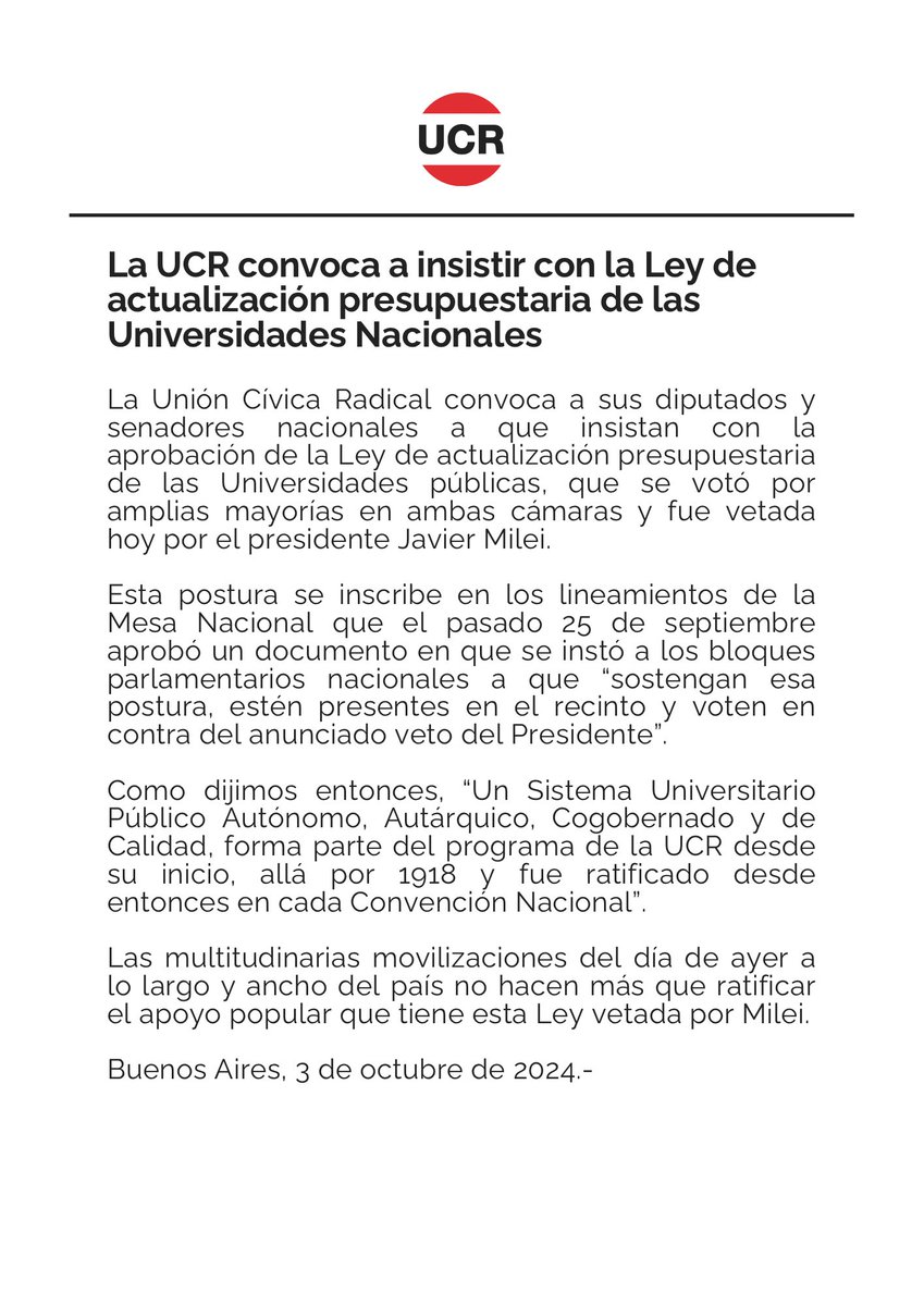 UCRNacional's tweet photo. #Comunicado | La UCR convoca a insistir con la Ley de actualización presupuestaria de las Universidades Nacionales. https://t.co/If8oKmtMF1