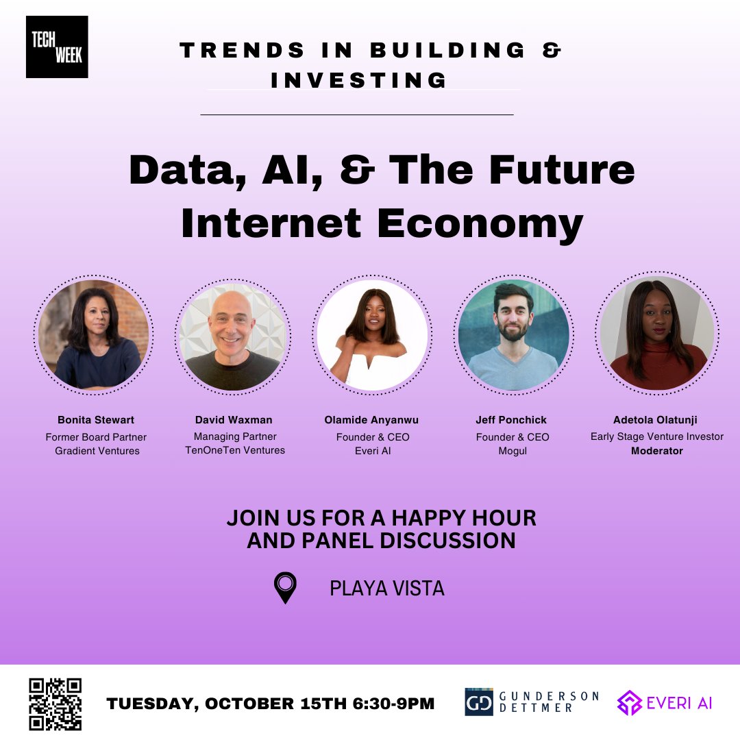 .<a href="/getEveriAI/">Everi AI</a>  is thrilled to co-host a panel and happy hour during LA <a href="/Techweek_/">Tech Week</a>  Trends in Building &amp; Investing: Data, AI, &amp; The Future Internet Economy

We're collaborating with panelists <a href="/dwaxd/">David Waxman</a>, <a href="/BColemanStewart/">Bonita C. Stewart</a>, <a href="/JeffPonchick/">Jeff Ponchick</a>, <a href="/AdetolaTweets/">Adetola S. Olatunji</a> Register: lu.ma/1r97khfe