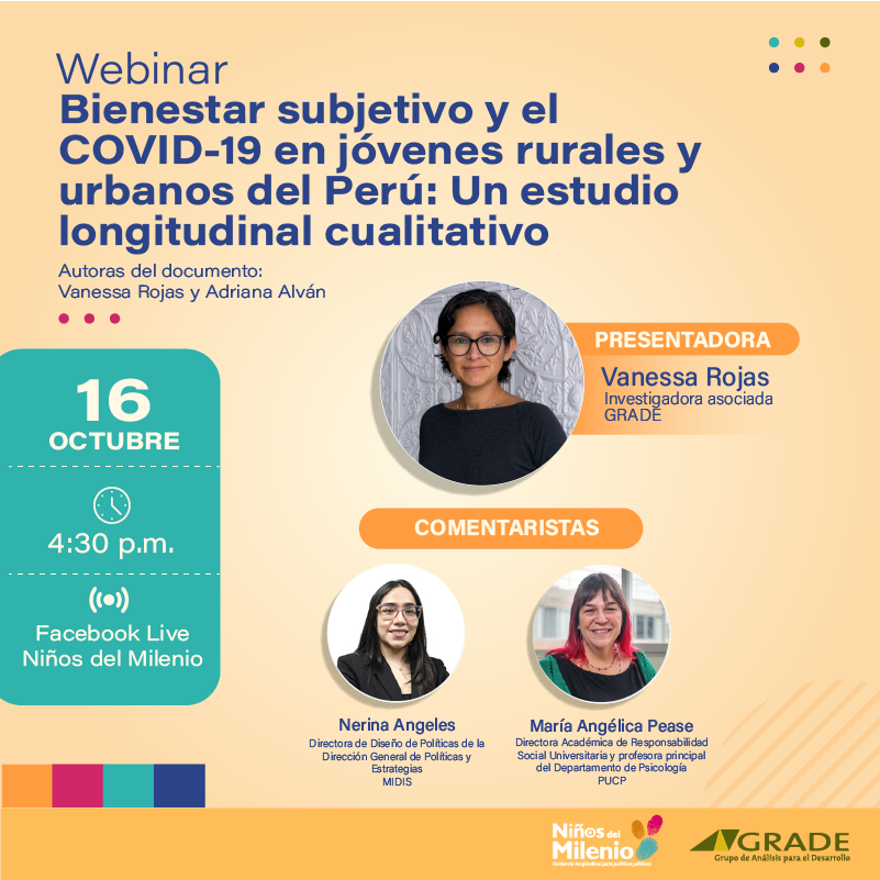 Acompáñanos a dialogar sobre un estudio longitudinal cualitativo que analiza de qué manera un grupo de jóvenes de 4 regiones del Perú entienden su bienestar y reflexionan sobre este tema en un contexto de posconfinamiento y pandemia. Autoras: <a href="/vanerojas_2/">Vanessa Rojas Arangoitia</a> y Adriana Alván. 1/