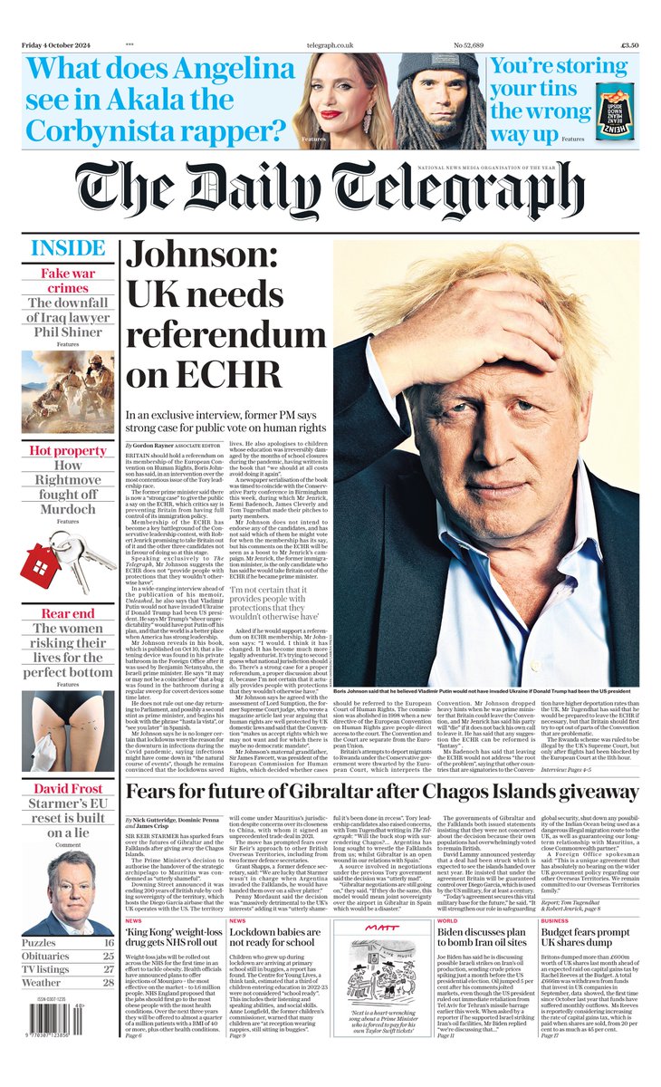 Telegraph's tweet photo. The front page of tomorrow's Daily Telegraph:

'Johnson: UK needs referendum on ECHR'

#TomorrowsPapersToday

Sign up for the Front Page newsletter
https://t.co/x8AV4Oomry https://t.co/Ygacx0XW7s