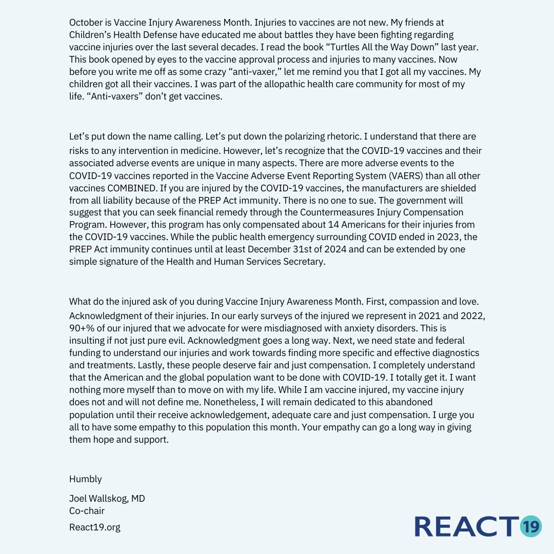From the desk of Joel Wallskog, MD., Co-Chair of React19.

Regarding Vaccine Injury Awareness Month of October.