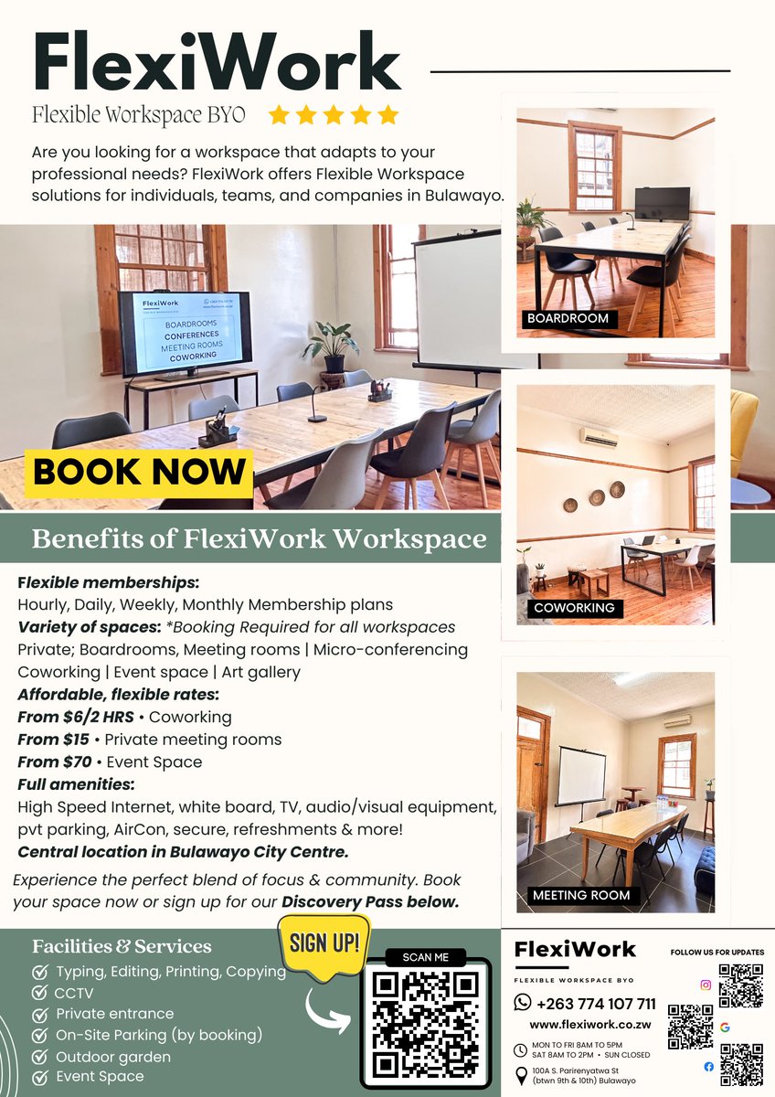 scribbleincdesi's tweet photo. @gary_the_sun @ngonithetechguy Next time you’re in Bulawayo, check out FlexiWork. It’s a newly opened Flexible Workspace in CBD. It’s professional, great internet and a super productive environment. https://t.co/4U9Qgo52BR