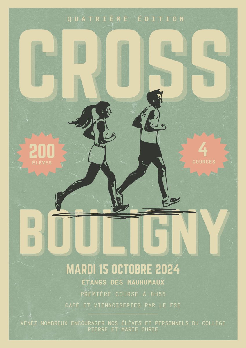 Le CROSS 🏃 revient le Mardi 15 octobre ! RDV dès 8h55 aux étangs pour la 1ère course. Venez nombreux encourager nos élèves et personnels lors de cette matinée sportive et festive 📢 . Le FSE proposera à la vente café et croissants ! ☕️<a href="/unss_54/">UNSS 54</a> <a href="/unssncymtz/">UNSS_Nancy-Metz</a> <a href="/DSDEN55/">DSDEN55</a> <a href="/clgBouligny/">Collège de Bouligny</a>