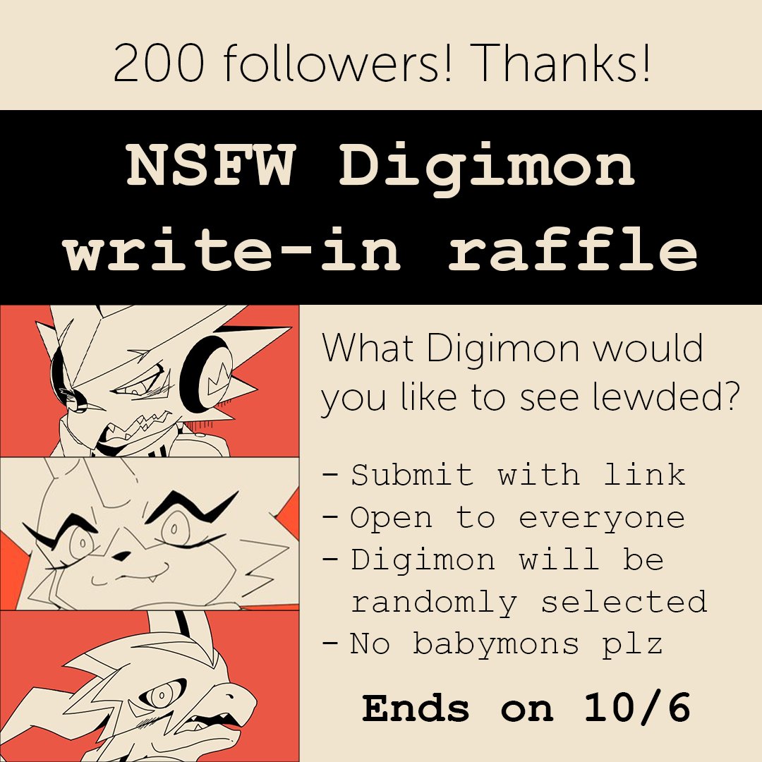 200 Followers! yay! Another write-in raffle to lewd a digimon. Vote here -> strawpoll.com/wby5Qj9OXyA  #digimon