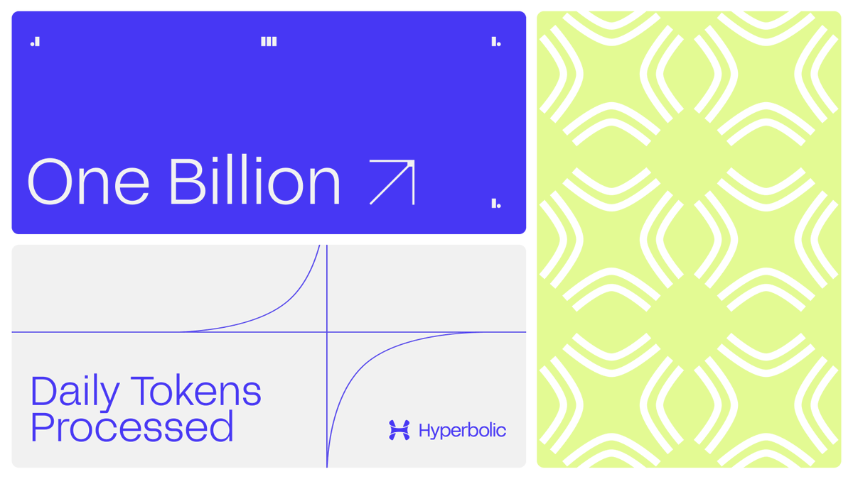 hyperbolic_labs's tweet photo. Hyperbolic’s inference service has hit over 1 BILLION LLM tokens daily! 

This achievement highlights the growing demand for our AI services and the trust our community members place in our platform. 

With 22 models (and counting), we’re dedicated to offering top-tier AI models at a fraction of the cost. 

💜 Build with us: https://t.co/PdfiigOcRF
