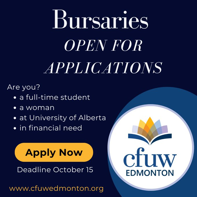 REMINDER!!
2024 #Bursary Application Period is open until Oct 15.
Share widely!
Since 1971 CFUW Edmonton annually awards bursaries to #University of #Alberta #women. Awarding ~$25,000 each year.
Details: cfuwedmonton.org/academic-award…
#yeg #education #student #scholarship  #Canada
