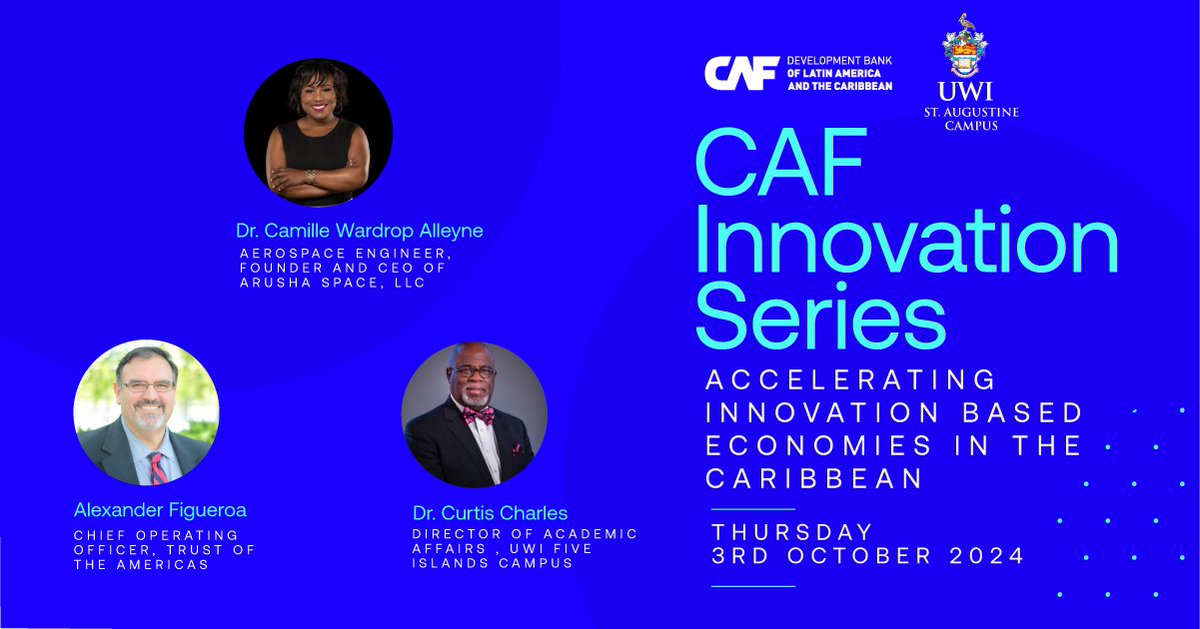 CAF (@agendacaf) on Twitter photo #Live 🔴 CAF Innovation Series: Accelerating Innovation-Based Economies in the Caribbean.
Join us for the inaugural lecture of the CAF Innovation Series, in partnership with <a href="/UWI_StAugustine/">UWI St. Augustine</a>! This event bring together leaders and innovators to discuss how science, innovation, #Live 🔴 CAF Innovation Series: Accelerating Innovation-Based Economies in the Caribbean.
Join us for the inaugural lecture of the CAF Innovation Series, in partnership with <a href="/UWI_StAugustine/">UWI St. Augustine</a>! This event bring together leaders and innovators to discuss how science, innovation,