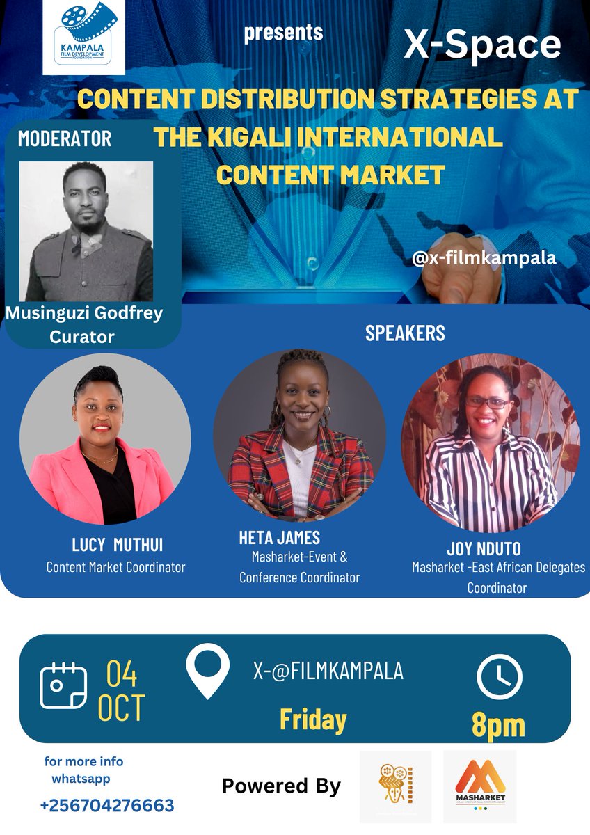 Kampala Film Development Foundation (@filmkampala) on Twitter photo Right here today Friday ,join us at 8pm to discuss CONTENT DISTRIBUTION STRATEGIES AT THE KIGALI INTERNATIONAL CONTENT MARKET.
<a href="/FilmKampala/">Kampala Film Development Foundation</a> will be leading a delegation of 50 Ugandan filmmakers for the market in Kigali this November.<a href="/AlainModot/">alain Modot</a> <a href="/davidsan3839/">David Sanya</a> <a href="/GalaxyFMUg/">100.2 Galaxy FM Zzina!</a> 1 Right here today Friday ,join us at 8pm to discuss CONTENT DISTRIBUTION STRATEGIES AT THE KIGALI INTERNATIONAL CONTENT MARKET.
<a href="/FilmKampala/">Kampala Film Development Foundation</a> will be leading a delegation of 50 Ugandan filmmakers for the market in Kigali this November.<a href="/AlainModot/">alain Modot</a> <a href="/davidsan3839/">David Sanya</a> <a href="/GalaxyFMUg/">100.2 Galaxy FM Zzina!</a> 1