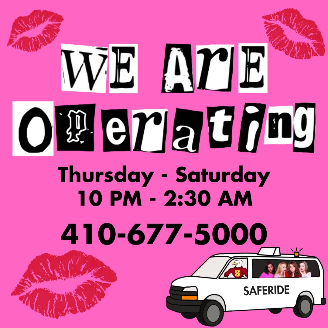 SUSaferide's tweet photo. It’s October 3rd…🤭🤭 Happy Mean Girls Day! Call a Saferide this weekend, I promise we’re nice. 💖 https://t.co/UoxIwZh5lB