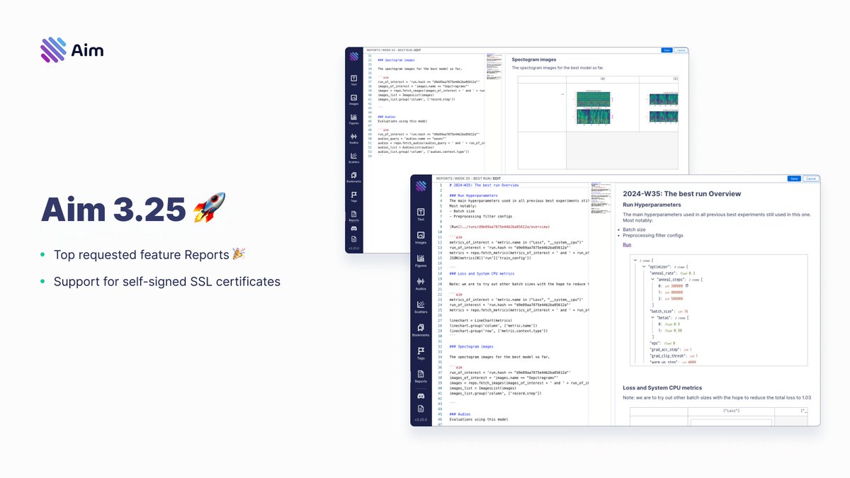Hey all, Aim 3.25 is out!  The top-requested feature —Reports—is now live! 🚀

Use Aim reports to showcase your work and iterate over the knowledge around it. And of course, do it with your collaborators. 

Blog: aimstack.io/blog/new-relea…
Code: github.com/aimhubio/aim/r…
