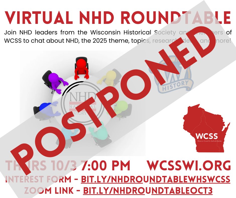 WCSS and WHS are postponing our NHD Roundtable to allow our teachers to watch the Milwaukee Brewers run in the playoffs and garner more interest. Look for a rescheduled date in the next few days! #sschat #wischat