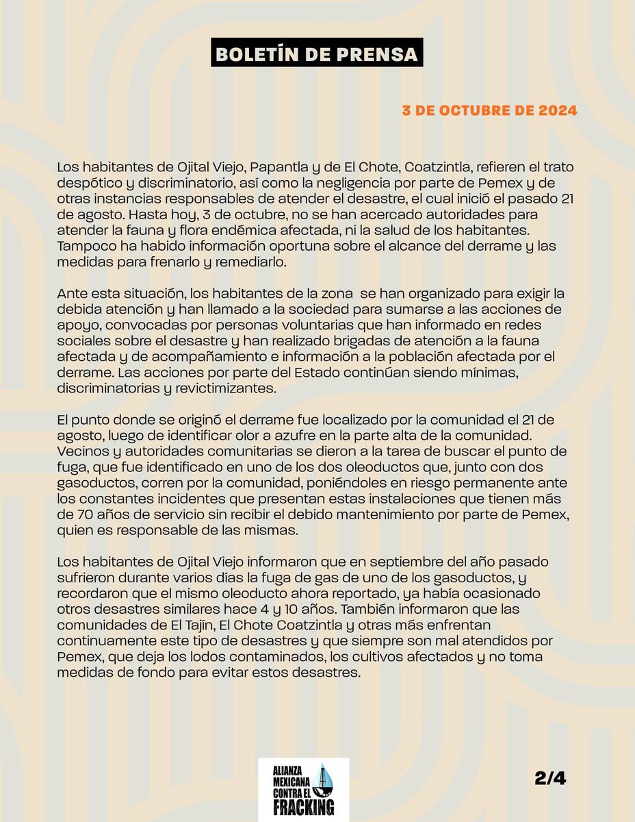 CorasonMX's tweet photo. 📰| Comunicado:

Pemex, una vez más, responsable de derrame de hidrocarburos que afecta desde hace 42 días a comunidades indígenas de Papantla, tres veces nombrada patrimonio de la humanidad por la UNESCO.

¡PEMEX repara el daño ya! ✊ #DesastreFósil https://t.co/lvl3WSDe3d