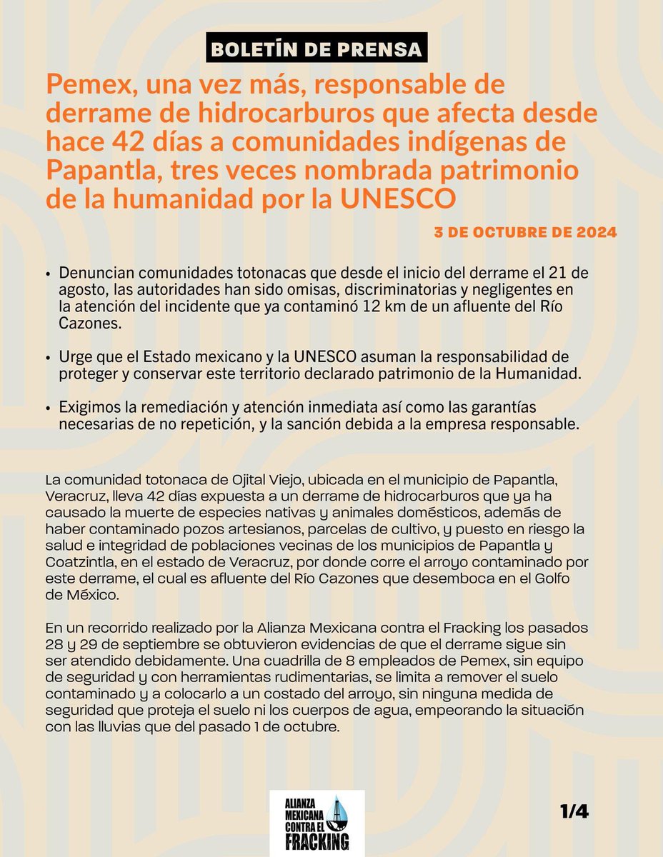 CorasonMX's tweet photo. 📰| Comunicado:

Pemex, una vez más, responsable de derrame de hidrocarburos que afecta desde hace 42 días a comunidades indígenas de Papantla, tres veces nombrada patrimonio de la humanidad por la UNESCO.

¡PEMEX repara el daño ya! ✊ #DesastreFósil https://t.co/lvl3WSDe3d