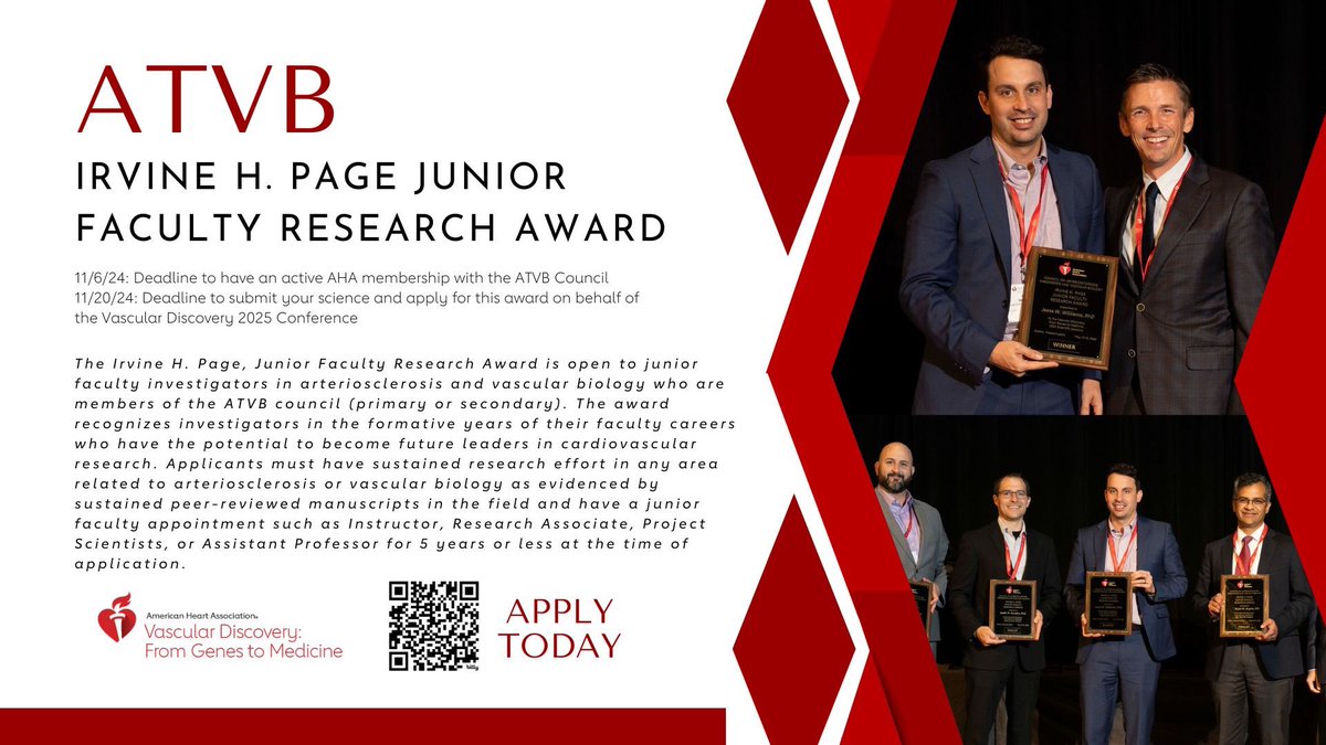 It’s hard to believe that abstract submissions for #VascularDiscovery25 are OPEN and due by November 20th 🗓️ 

Spread the word, showcase your science, and then APPLY to be considered a finalist for the Page Award on behalf of the ATVB Council 📢 

professional.heart.org/en/professiona…