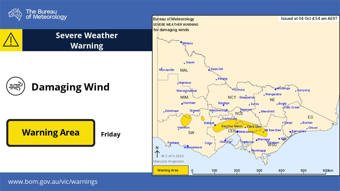 BOM_Vic's tweet image. #SevereWeatherWarning current for parts of #Victoria.
Damaging winds are possible in areas including #BacchusMarsh and #MtBawBaw.
Monitor warnings, area may change through today with a cold front moving across the state.
Warnings: ow.ly/e8k450TCKEg
