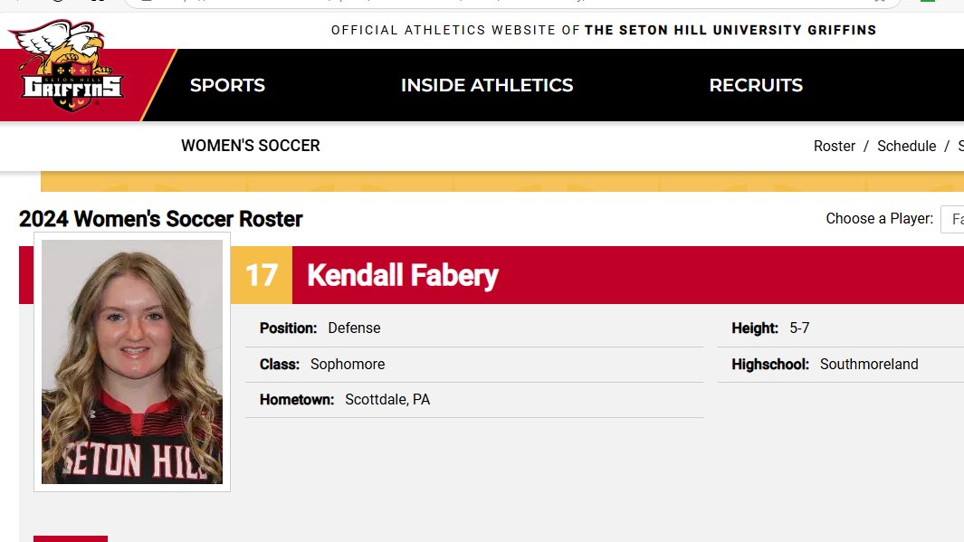 Southmoreland alum Kendall Fabery, who began her college career at Cleveland State, is now at Seton Hill.

<a href="/FaberyKendall/">Kendall Fabery</a> <a href="/SetonHill_WSOC/">SHU Women’s Soccer</a> <a href="/SHSAthletics4U/">SHS Athletics</a>