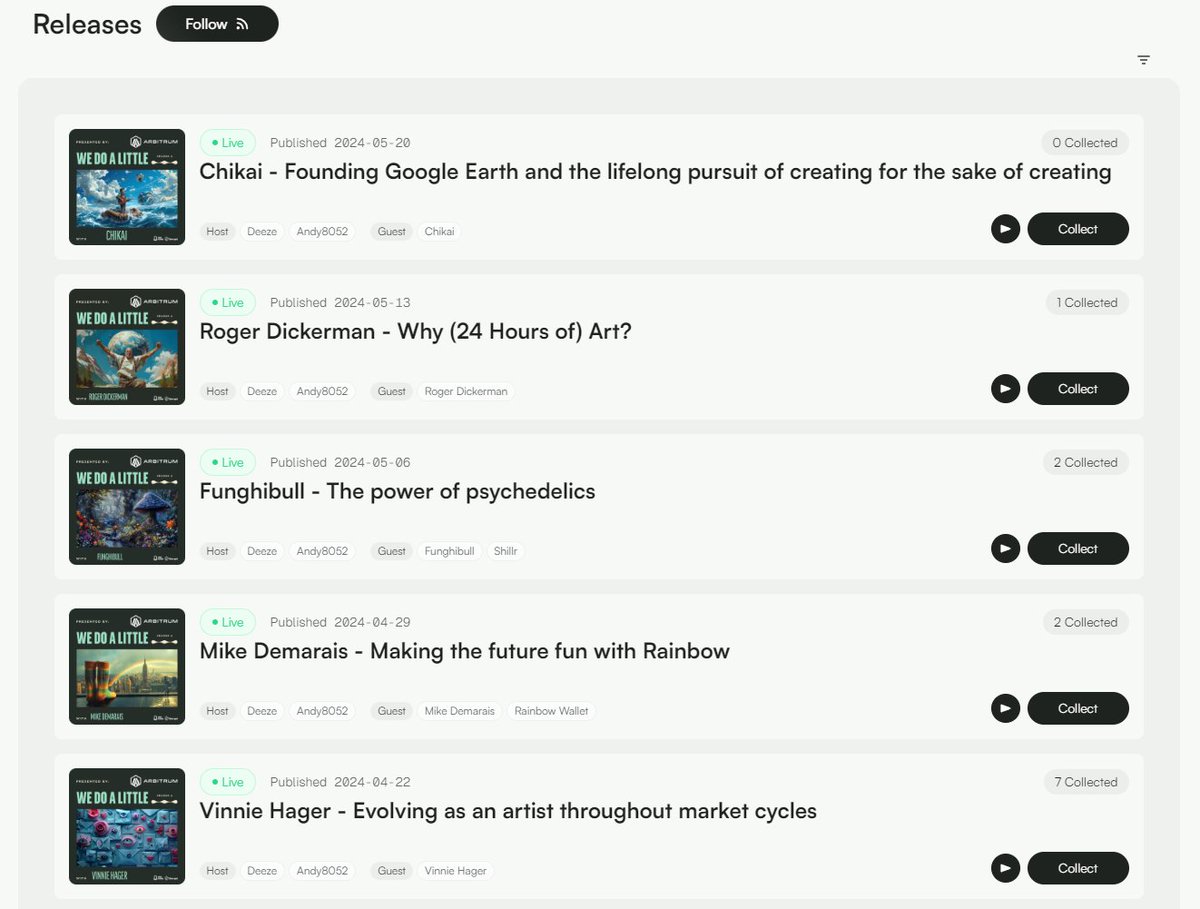 Ditching the old way of minting <a href="/wedoalittlepod/">We Do A Little 🫡</a> art and adopting <a href="/podsdotmedia/">Pods</a> going forward

Each episode of the podcast will be available to collect for $1.50~ on <a href="/base/">Base</a> (if you share the podcast, you'll also get 15% of the mint fees for anyone using your link) 

Once the season