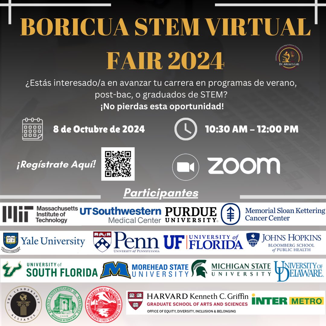 ✨Nos complace invitarte a participar en el BORICUA STEM Virtual Grad Fair 2024, una excelente oportunidad para conocer programas  y oportunidades en STEM diseñadas especialmente para estudiantes universitarios de PR🇵🇷.

Regístrate: forms.gle/Dku288v7ConsbD…

Detalles del evento⬇️