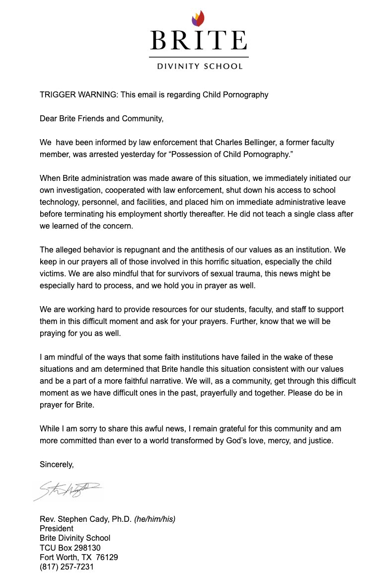 watchkeep's tweet image. Breaking news: Police search Brite Divinity office on @TCU campus, arrest professor in child sexual abuse material case. @britedivinity school president announced professor Charles Bellinger’s termination. 

star-telegram.com/news/local/cri…