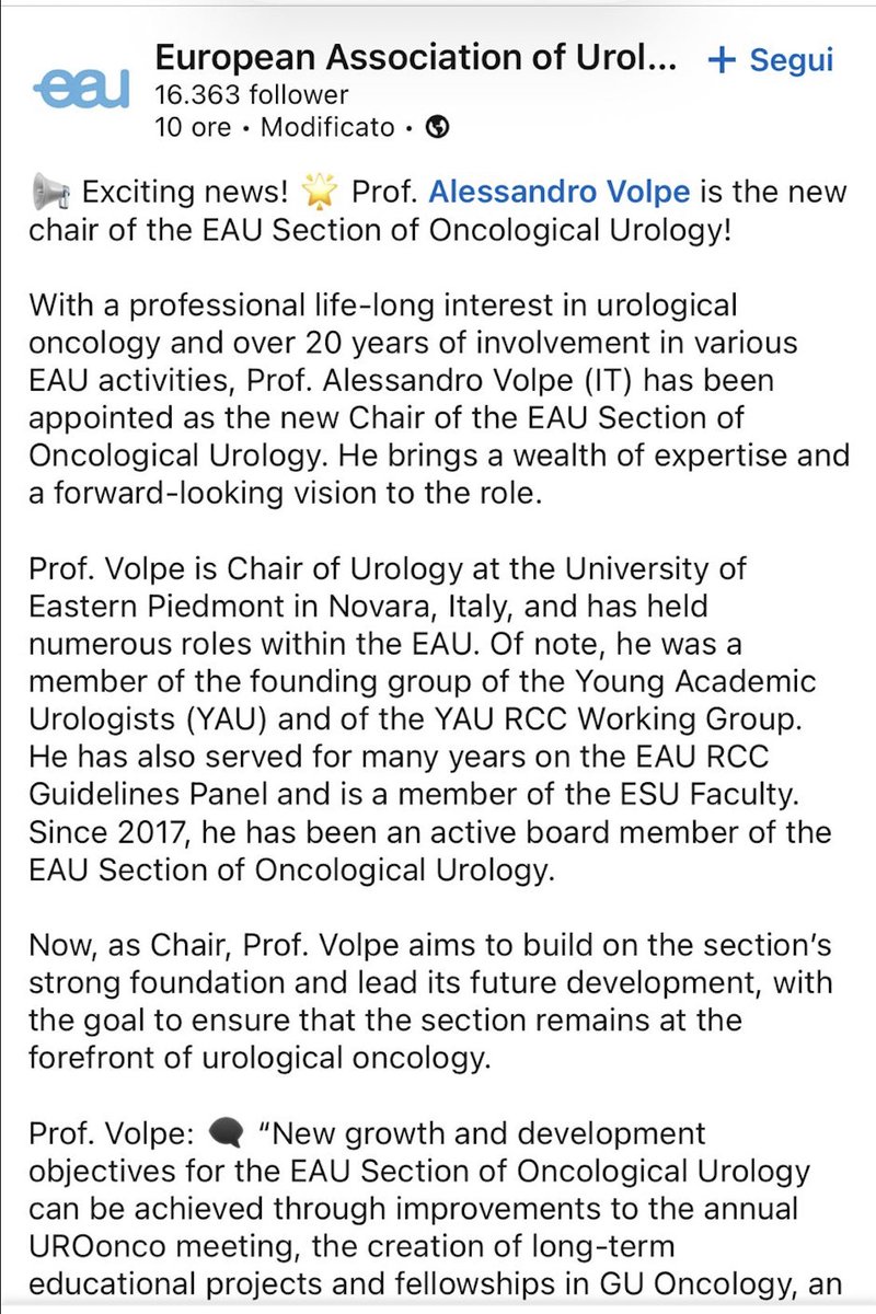 Alessandro Volpe (@foxal72) on Twitter photo Very honoured to be appointed Chair of the <a href="/Uroweb/">European Association of Urology (EAU)</a> Section of Oncological Urology. A great opportunity to support the growth of our specialty in a time of significant developments in the oncology field. I look forward to start working with a board of outstanding colleagues Very honoured to be appointed Chair of the <a href="/Uroweb/">European Association of Urology (EAU)</a> Section of Oncological Urology. A great opportunity to support the growth of our specialty in a time of significant developments in the oncology field. I look forward to start working with a board of outstanding colleagues