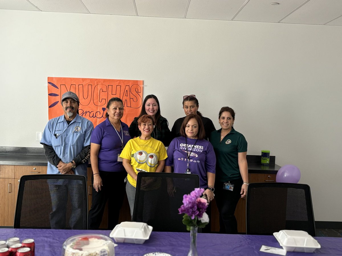 Eastlake_Middle's tweet photo. Shoutout to this dynamic group of Raven Custodians! Grateful for their smiles, their hard work and their dedication to our school! Thank you for keeping our school clean and safe! Go Ravens! #ImagineBelieveAchieve #AllIn @valle_idalia @AJMartinez_ELMS @vesparza_ELMS 💜🥳 https://t.co/FTJ1zZ0wjg
