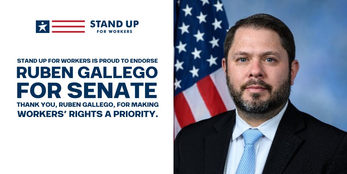 workerspac's tweet image. Stand Up For Workers PAC is proud to endorse U.S. Rep. Ruben Gallego from Arizona, who is running for a seat in the U.S. Senate. As the son of immigrant parents, he is dedicated to making life better for hardworking Arizona families. ow.ly/JLH450TCKMz